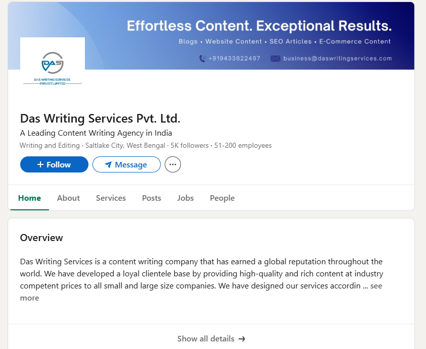 Das Writing Services LinkedIn profile