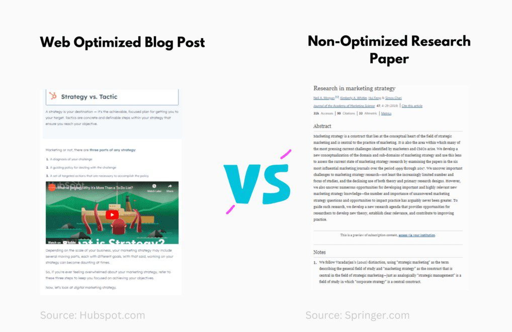 Difference between optimised and non-optimised content structure.