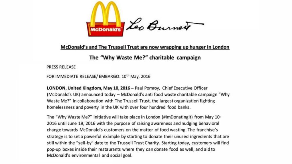 examples of PR writing done by McDonald's