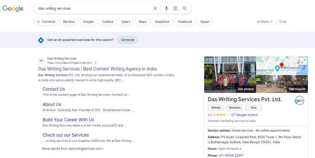 GMB profile of Das Writing Services shown here as an example of trust signal