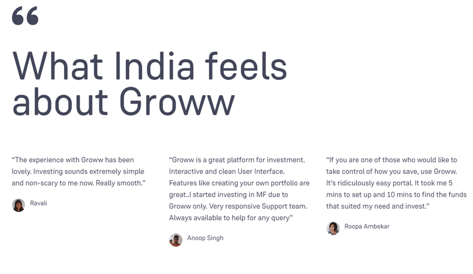 Groww testimonials working as a trust signal for the platform 