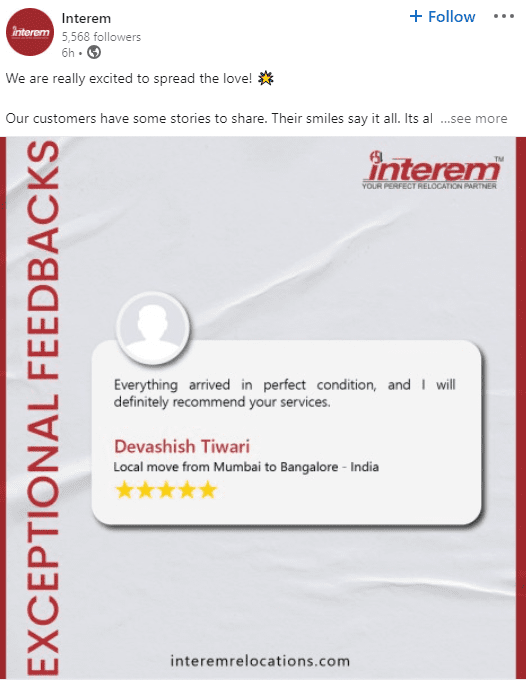 Testimonial LinkedIn post of Interem