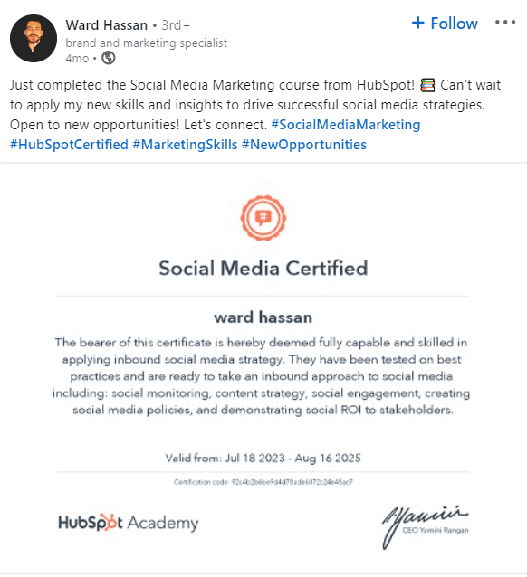 LinkedIn post to share about the completion of social media certification