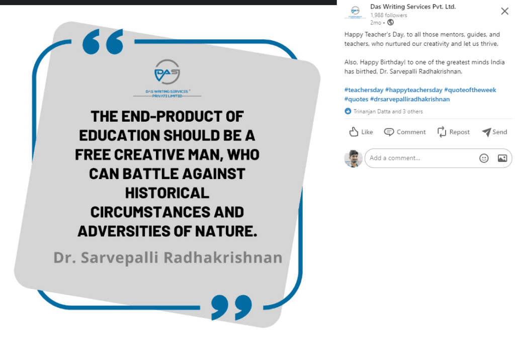 Quotes of Sarvepalli Radhakrishnan in the LinkedIn post on the occasion of Teacher's Day