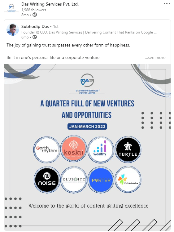 LinkedIn post to share new client acquisition of Das Writing Services